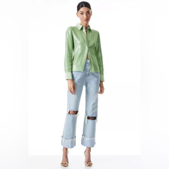 Alice + Olivia Willa Sequin Green Shirt Button Up Dress Shirt Size S - Picture 6 of 11